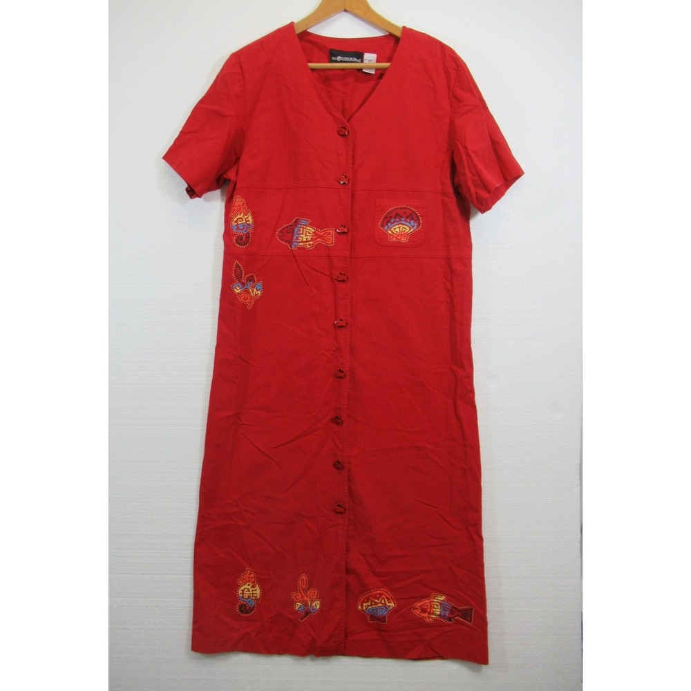 Sag Harbor Fish Print Lagenlook Linen Blend Dress Women 14 Red Art to Wear